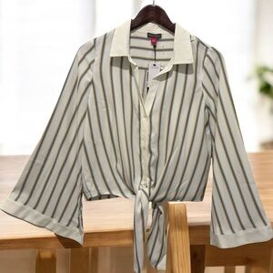NEW VINCE CAMUTO STRIPED BLOUSE WITH LONG SLEEVES SIZE S COLOR IVORY BLUE BROWN